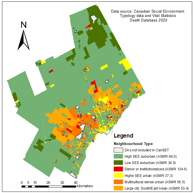 Map 2 COVID-19 Age-standardized Mortality Rate (ASMR) per 100,000 population by neighbourhood type for the Toronto Census Metropolitan Area