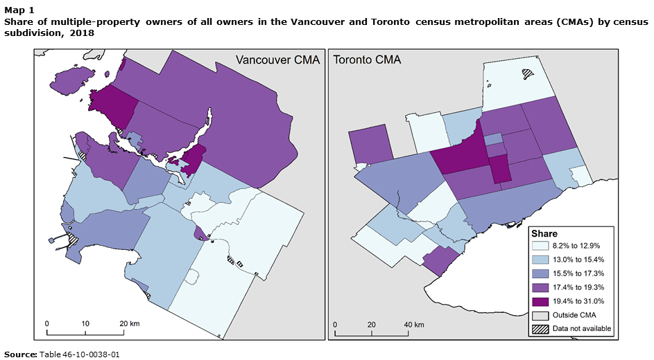 Map 1 Share of multiple-property owners of all owners in the Vancouver and Toronto census metropolitan areas (CMAs) by census subdivision, 2018