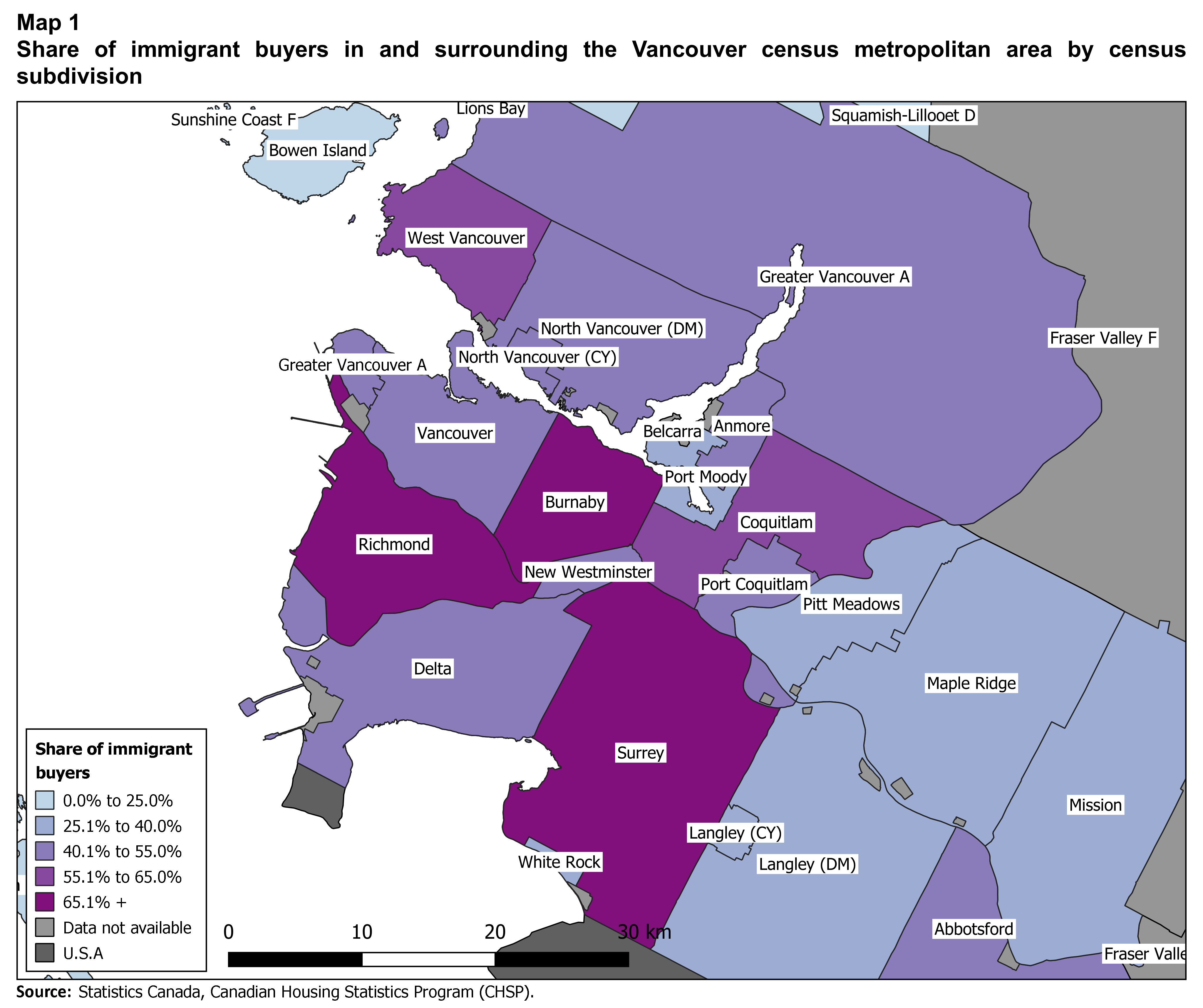 Map 1. Share of immigrant buyers in and surrounding the Vancouver census metropolitan area by census
subdivision