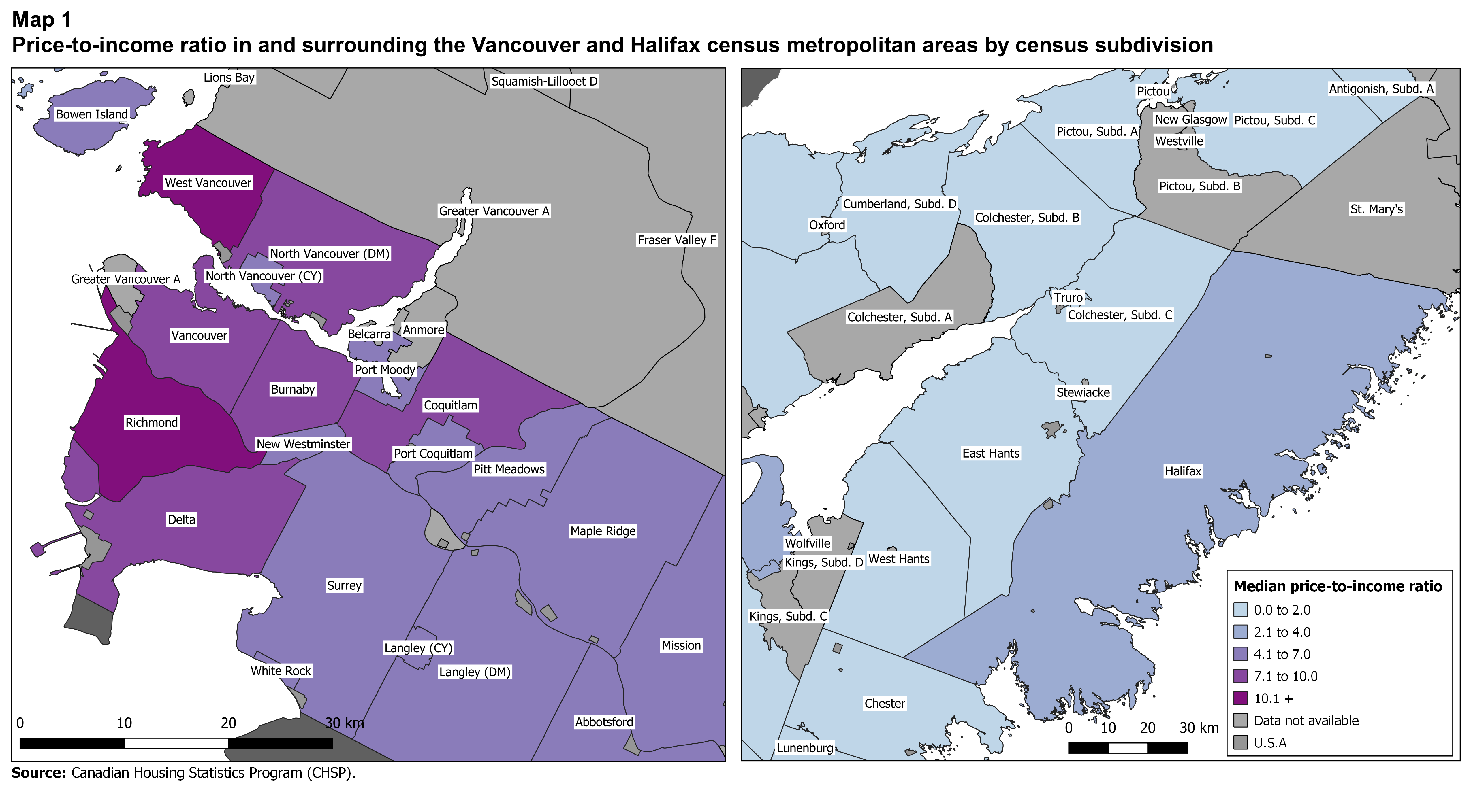 Map 1. Median price-to-income ratio ranges in and surrounding the Vancouver and Halifax census metropolitan areas
by census subdivision