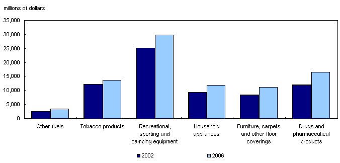 Expenditure on selected consumer goods and services, Canada, 2002 and 2006