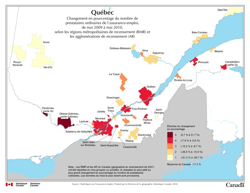 Carte 3 Quebec Changement En Pourcentage Du Nombre De Prestataires Ordinaires De L Assurance Emploi De Mai 2009 A Mai 2010 Selon Les Regions Metropolitaines De Recensement Rmr Et Les Agglomerations De Recensement Ar