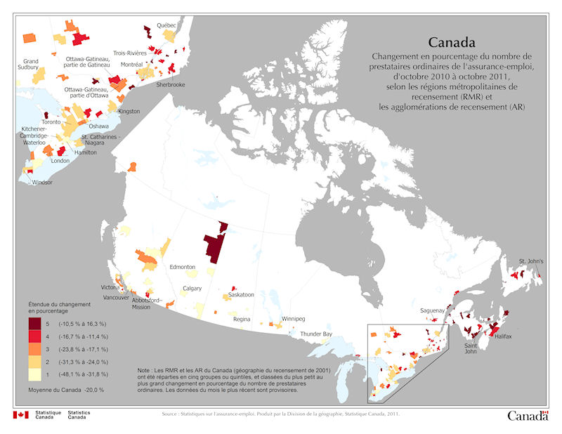 Carte 1 Canada : Changement en pourcentage du nombre de prestataires ordinaires de l'assurance-emploi, de octobre 2010 à octobre 2011, selon les régions métropolitaines de recensement (RMR) et les agglomérations de recensement (AR)