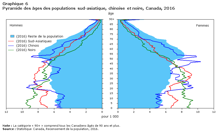 Graphique 6 Pyramide des âges des populations sud-asiatique, chisoise et noire, Canada, 2016