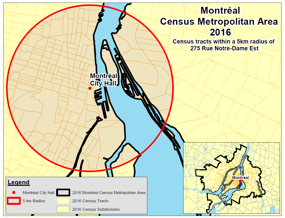 Montréal Census Metropolitan Area 2016 - Census tracts within a 5km radium of 275 Rue Notre-Dame Est Map