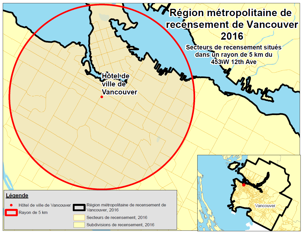 Région métropolitanine de recensement de Vancouver 2016 - Secteurs de recensement situés dans un rayon de 5km du 453 W 12th Ave Carte