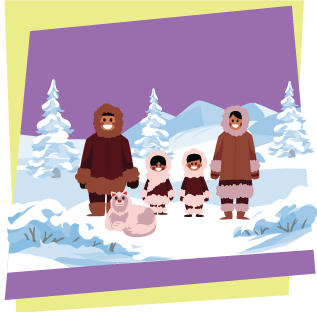A family of four with a dog outside in the snow wearing parkas.