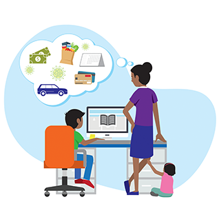 A boy is sitting at his computer with a book on the screen. A women is standing beside him with a thought bubble that have images of credit cards, a calendar, groceries, coronavirus and money. A toddler is pulling at her leg 