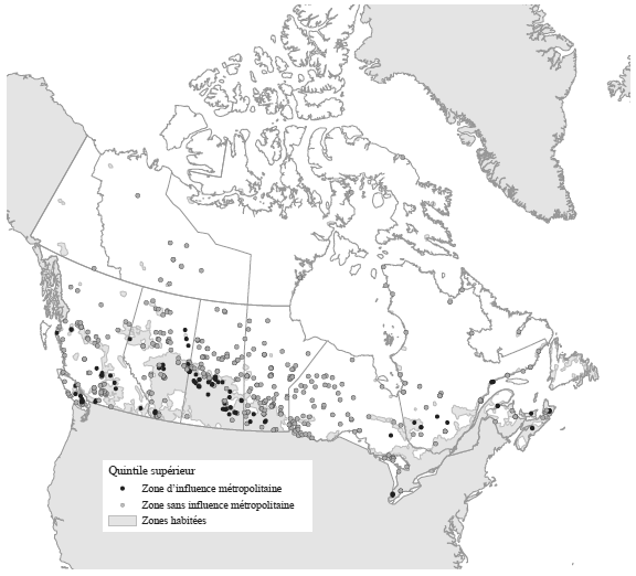 Figure 3 Aires de diffusion dans le quintile autochtone supérieur (5e), Canada, 2006