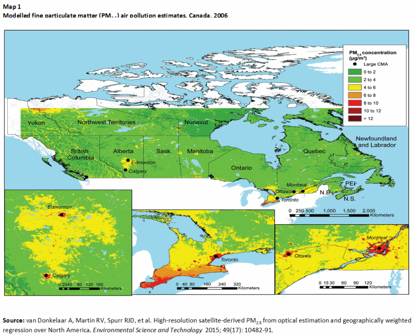 Map 1 Modelled fine particulate matter (PM2.5) air pollution estimates, Canada, 2006