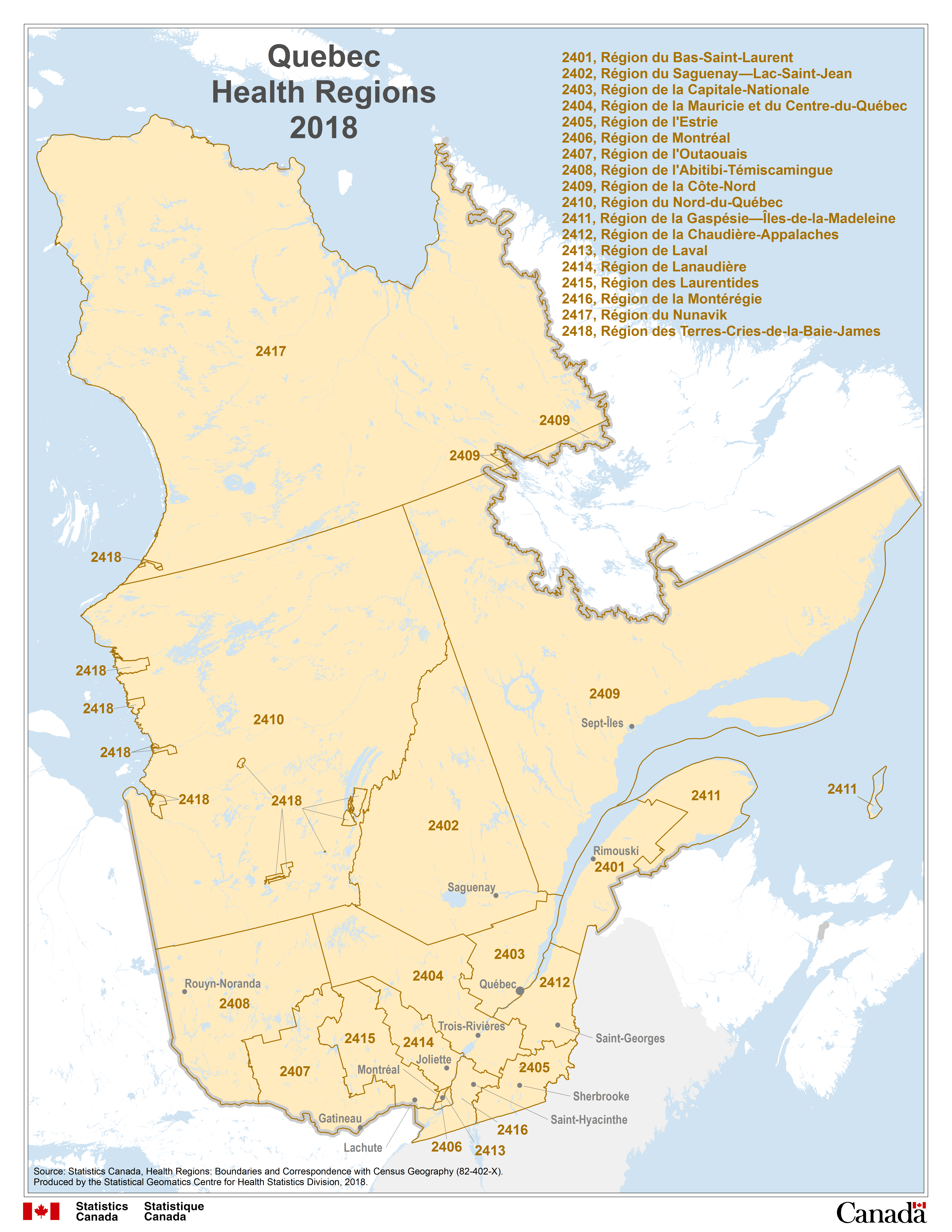 Map 5 Quebec Health Regions, Health Regions, 2018