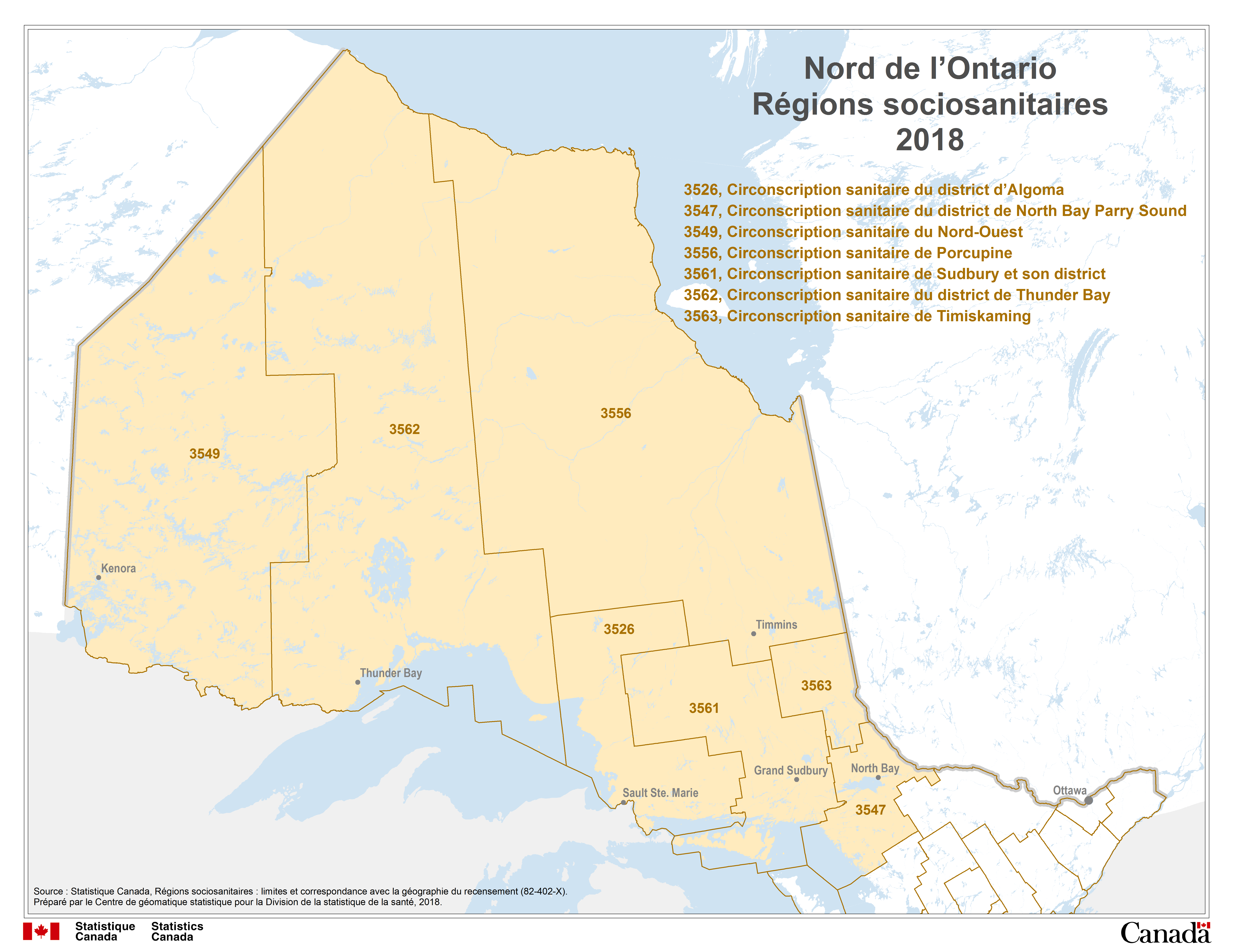 Carte 6 Ontario, circonscriptions sanitaires &ndash; Nord de l&rsquo;Ontario R&eacute;gions sociosanitaires, 2018