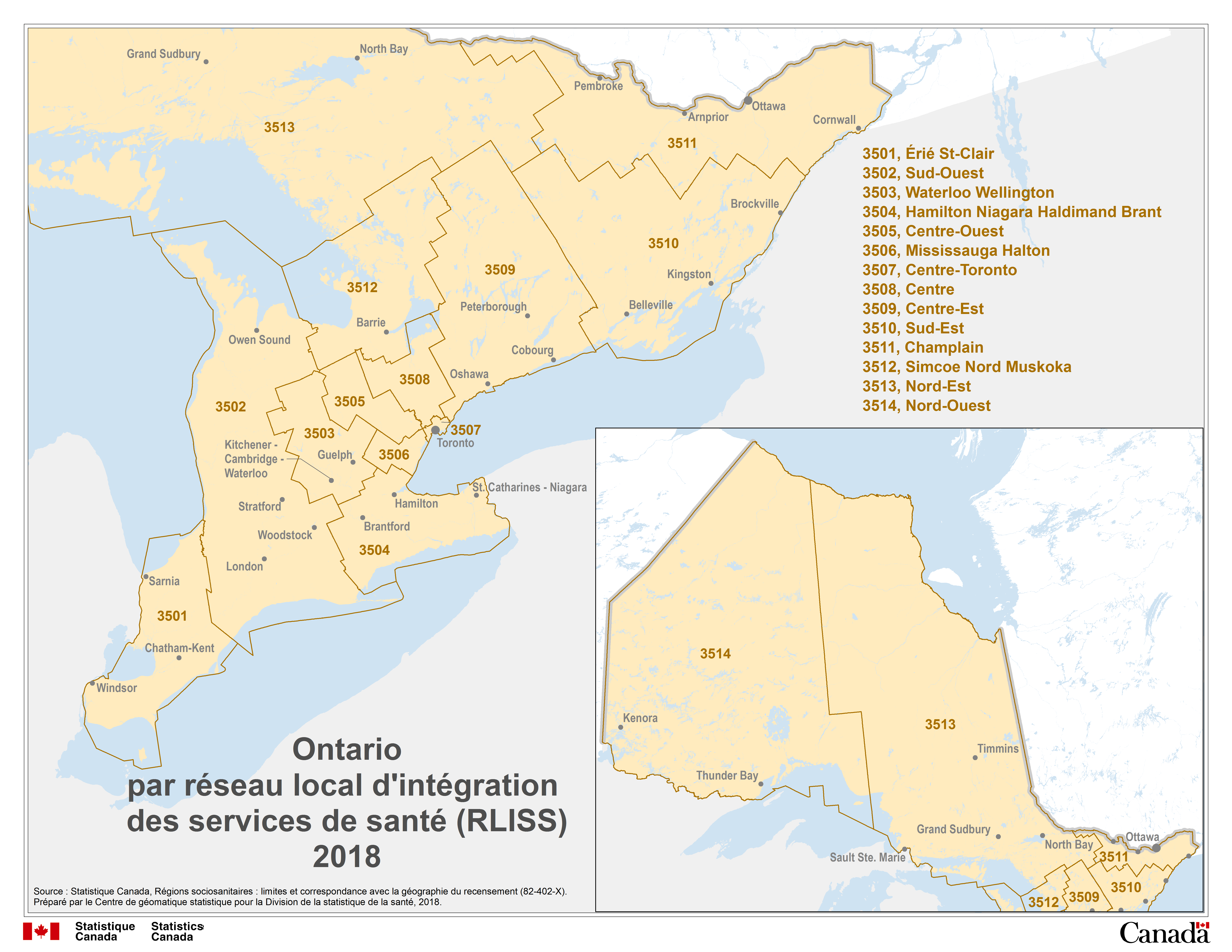 Carte 8 Ontario par r&eacute;seau local d'int&eacute;gration des services de sant&eacute; (RLISS) R&eacute;gions sociosanitaires, 2018