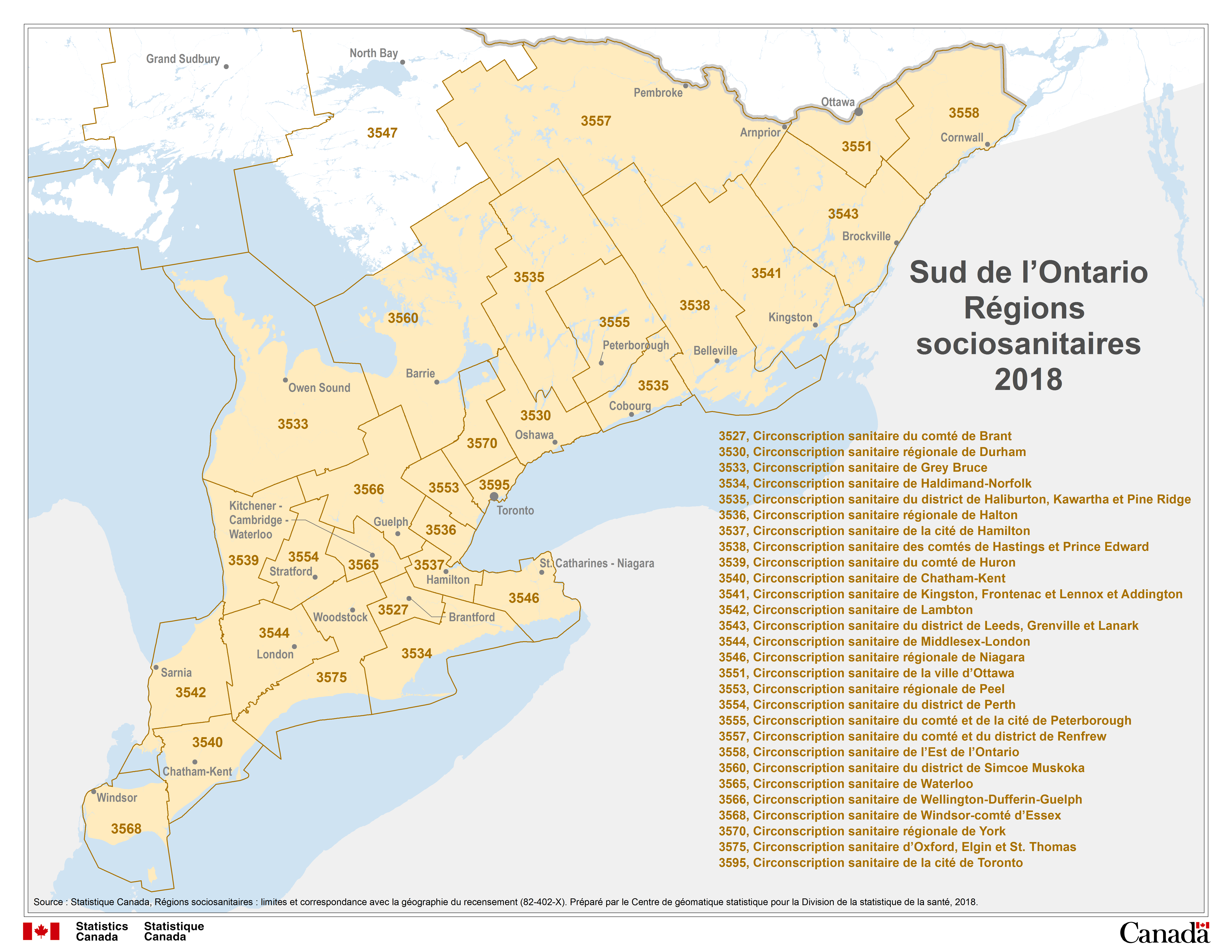 Carte 7 Ontario, circonscriptions sanitaires &ndash; Sud de l&rsquo;Ontario R&eacute;gions sociosanitaires, 2018