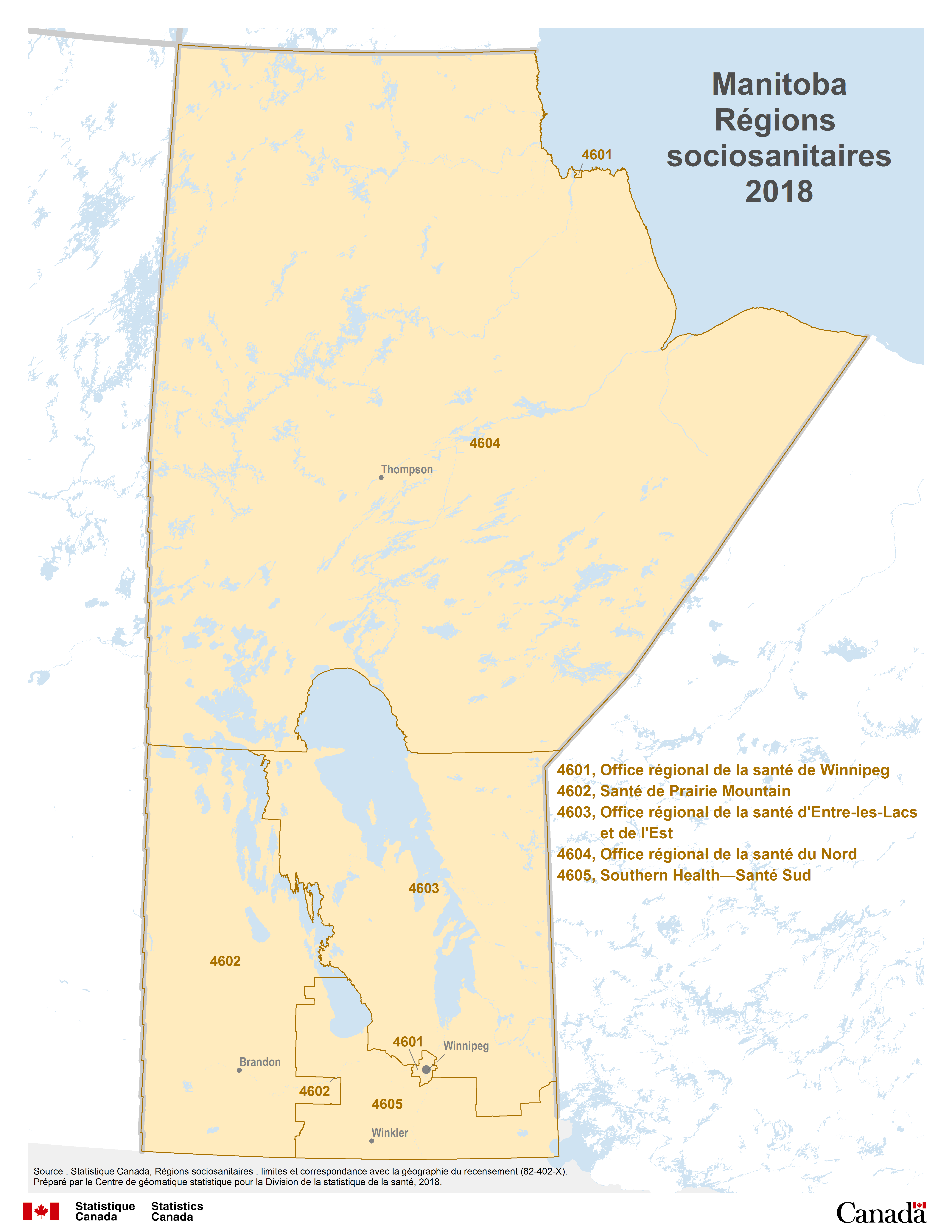 Carte 9 Manitoba R&eacute;gions sociosanitaires, 2018