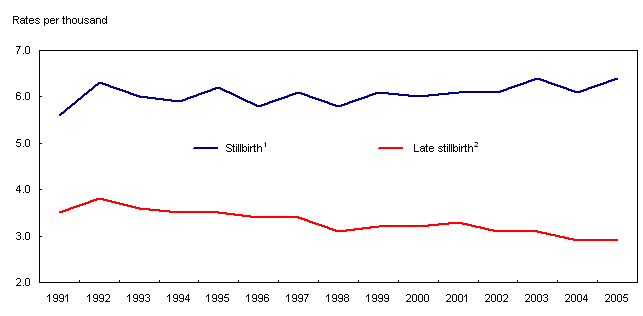 Chart 5 Stillbirth and late stillbirth rates, Canada, 1991 to 2005
