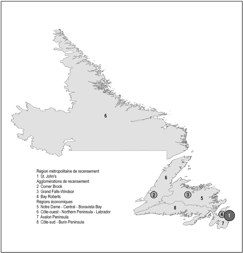 Carte 1 Terre-Neuve-et-Labrador : carte de référence, zones métropolitaines et non métropolitaines