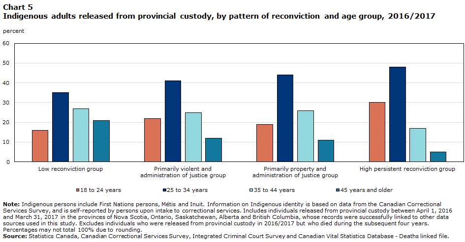 Chart 5 Indigenous adults released from provincial custody, by pattern of reconviction and age group, 2016/2017
