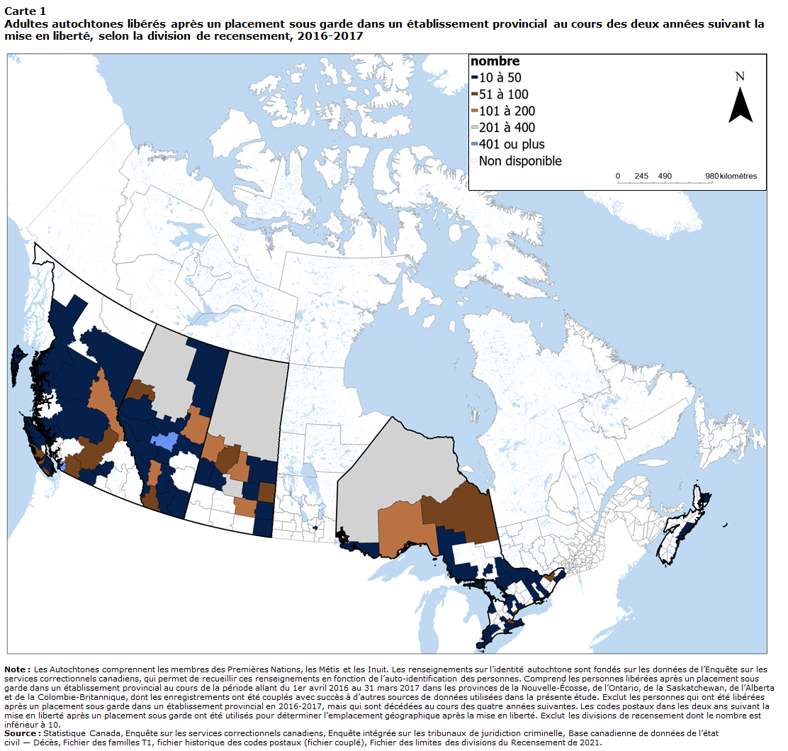 Carte 1 Adultes autochtones libérés après un placement sous garde dans un établissement provincial au cours des deux années suivant la mise en liberté, selon la division de recensement, 2016-2017