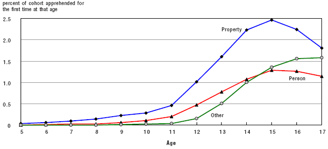 Figure 28 The age of onset of recorded delinquency from ages 5 to 17, by type of offence