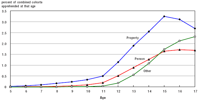 Figure 8 The prevalence of recorded delinquency from ages 5 to 17, by type of offence