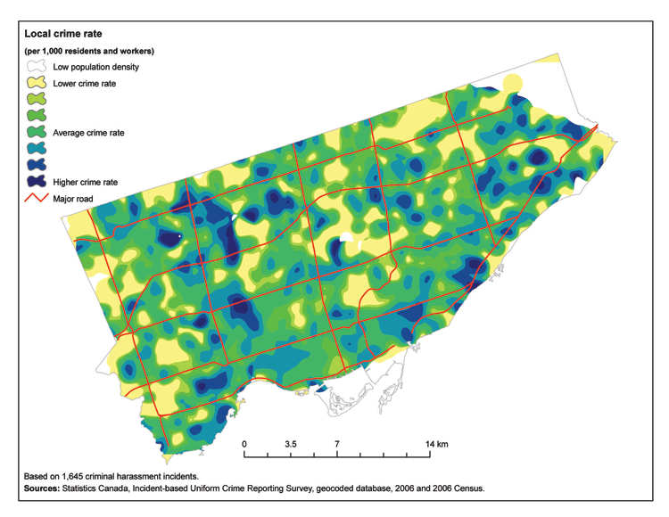 Local rates of criminal harassment incidents, city of Toronto, 2006