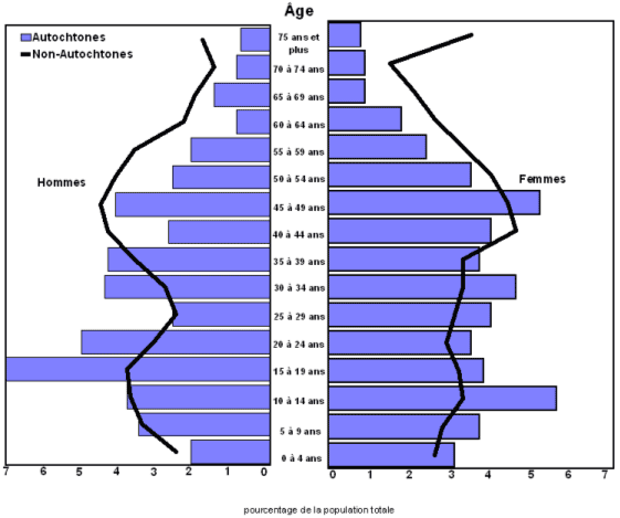 Graphique 1 Pyramide des âges pour les populations autochtone et non autochtone, Timmins, 2006