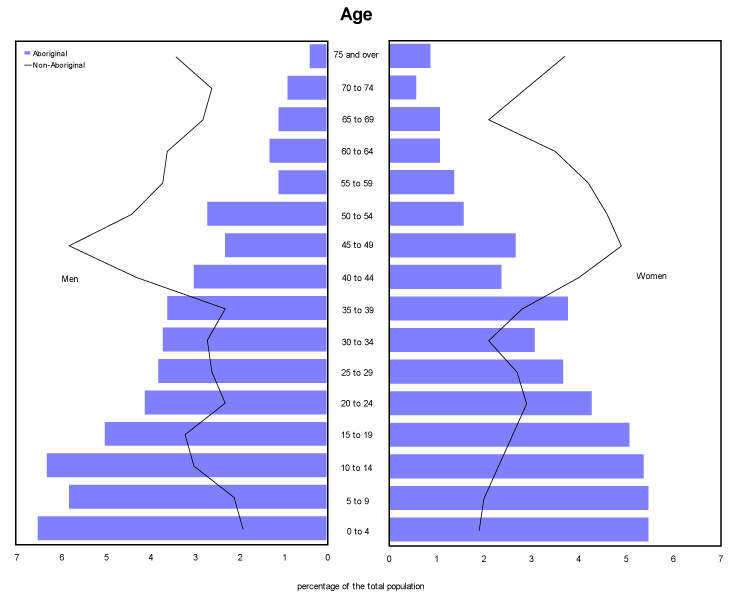 Chart 1 Population pyramid for the Aboriginal and non-Aboriginal populations, La Tuque, 2006