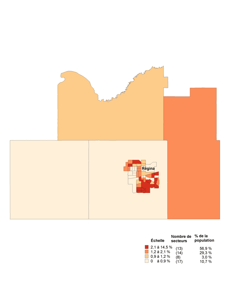 Carte 1.2 Répartition de la population ayant le français comme  première langue officielle parlée (avec répartition aléatoire de la catégorie  français anglais) sur le territoire de la région métropolitaine de recensement  de Régina selon les secteurs de recensement de 2006