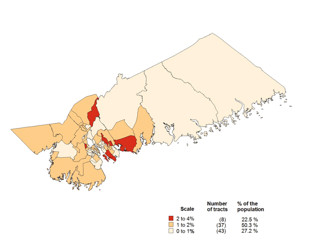Map 1.2 Distribution of the population with French as first official language spoken (with random  distribution of the English-French category) within the Census Metropolitan Area of Halifax by Census Tract, Nova Scotia, 2006
