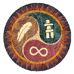 Logo des trois groupes autochtones principaux : la plume des Premières nations, l'inukshuk inuit  et le symbole de l'infinité des Métis.