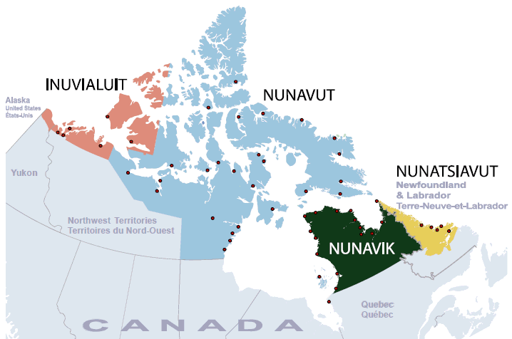 Carte 1 Les quatre régions de l'Inuit Nunangat