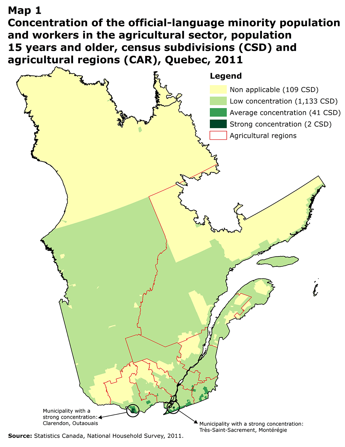 Map 1 Concentration of the official-language minority population and workers in the agricultural sector, population 15 years and older, census subdivisions (CSD) and agricultural regions (CAR), Quebec, 2011
