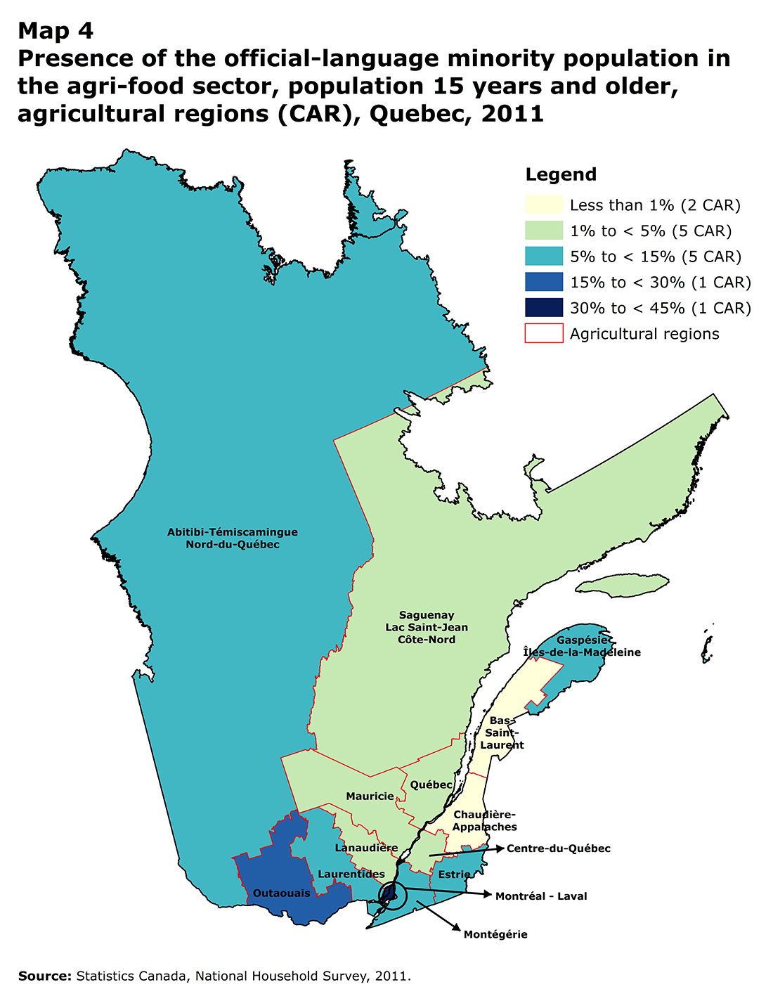 Map 4 Presence of the official-language minority population in the agri-food sector, population 15 years and older, agricultural regions (CAR), Quebec, 2011