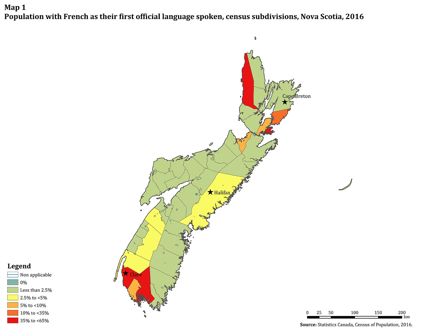 Map 1 Population with French as their first official language spoken, census subdivisions, Nova Scotia, 2016
