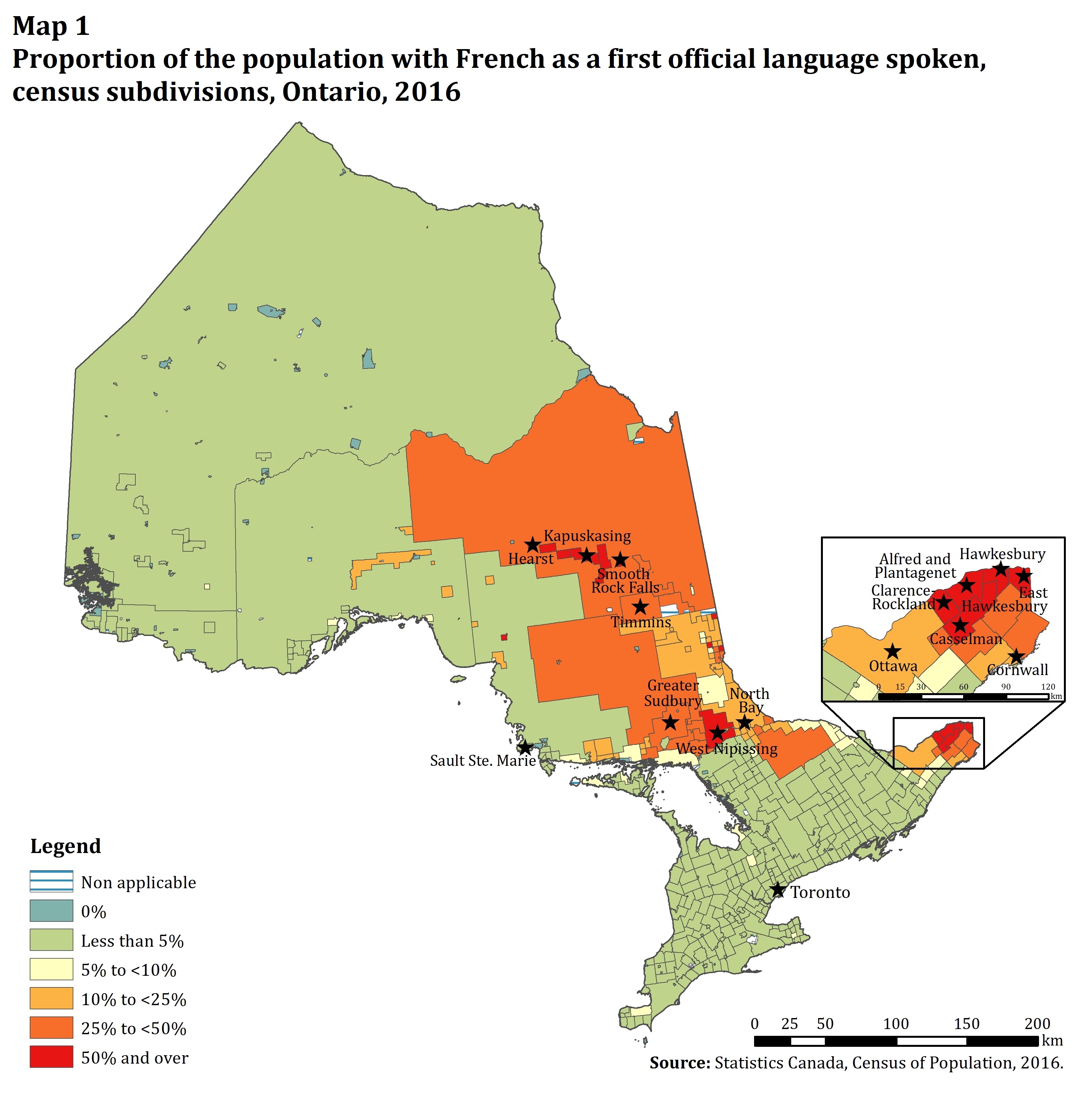 Map 1 Population with French as their first official language spoken, census subdivisions, Ontario, 2016