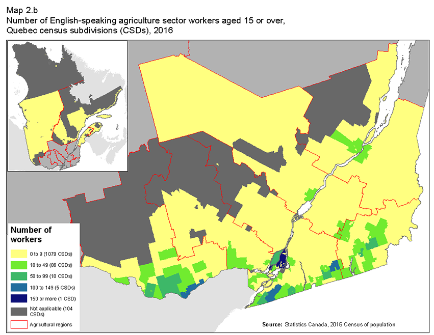 Map 2.b Number of English-speaking agriculture sector workers aged 15 or over, Quebec census subdivisions (CSDs), 2016. 