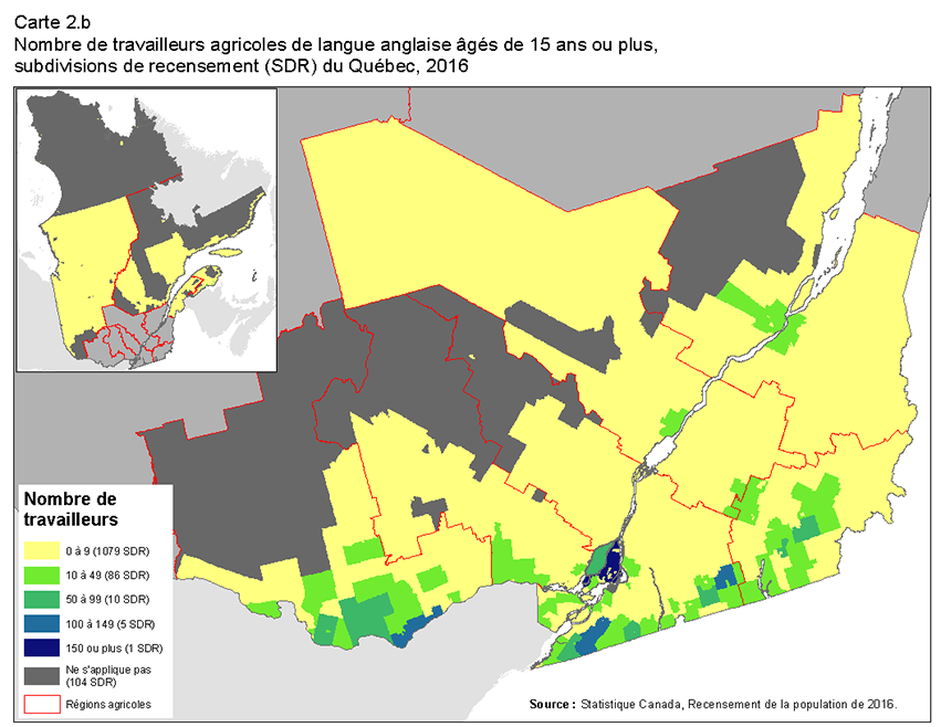 Carte 2.b Nombre de travailleurs agricoles de langue française âgés de 15 ans ou plus, subdivisions de recensement (SDR), Ontario, 2016. 