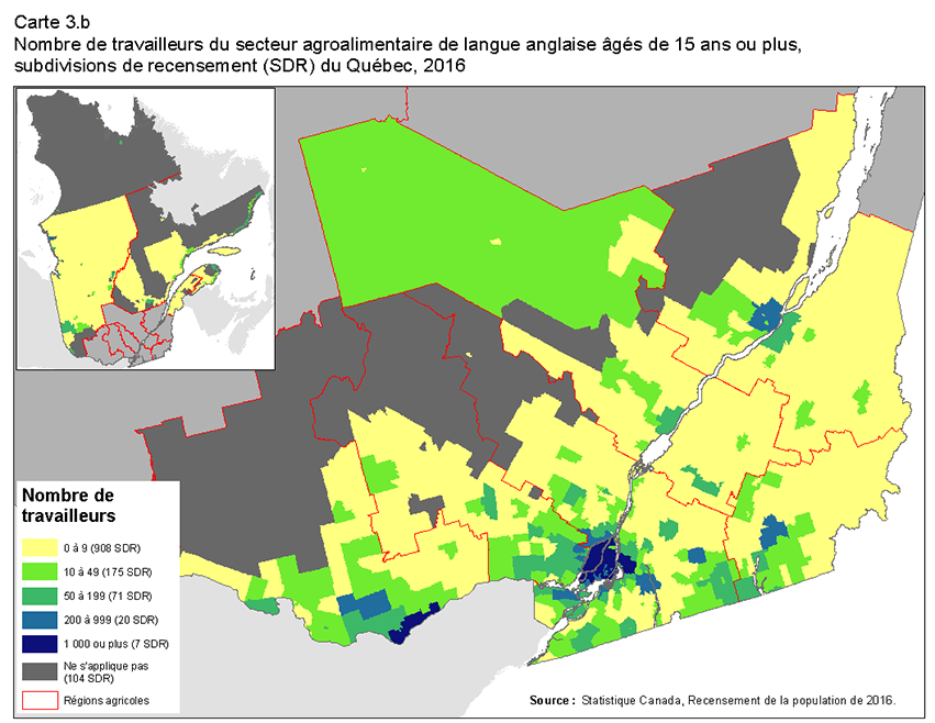 Carte 3.b Nombre de travailleurs du secteur agroalimentaire de langue française âgés de 15 ans ou plus, subdivisions de recensement (SDR), Ontario, 2016. 