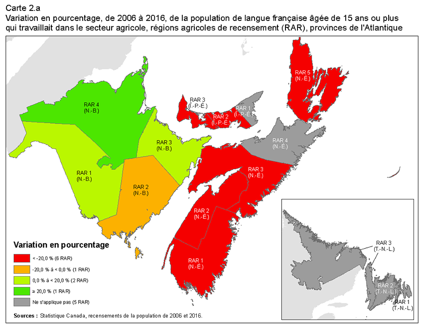 Carte 2.a Variation en pourcentage, de 2006 à 2016, de la population de langue française âgée de 15 ans ou plus qui travaillait dans le secteur agricole, régions agricoles de recensement (RAR) de l’Ontario. 