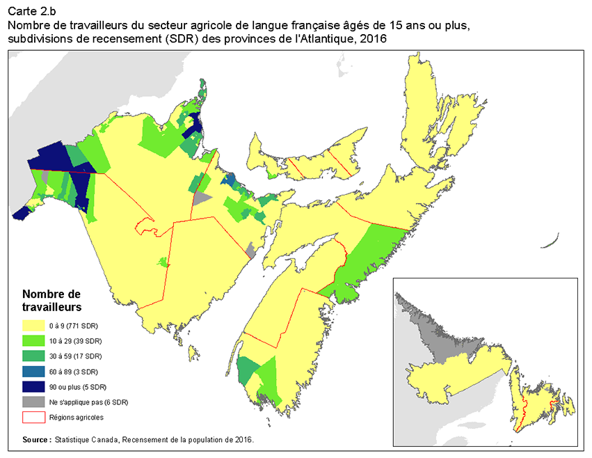 Carte 2.b Nombre de travailleurs agricoles de langue française âgés de 15 ans ou plus, subdivisions de recensement (SDR), Ontario, 2016. 