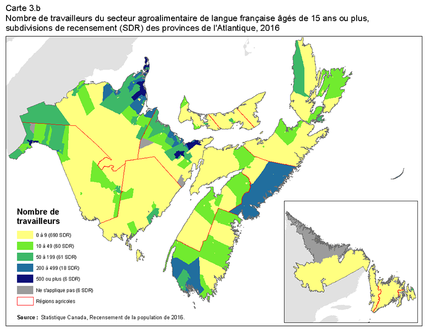 Carte 3.b Nombre de travailleurs du secteur agroalimentaire de langue française âgés de 15 ans ou plus, subdivisions de recensement (SDR), Ontario, 2016. 