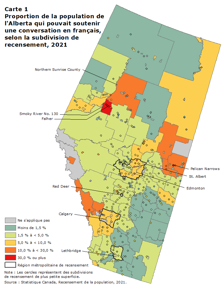 carte 1 : Proportion de la population l'Alberta qui pouvait soutenir une conversation en français, selon de subdivision de recensement, 2021