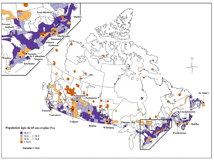 Figure 1.5 Proportion de la population ge de 65 ans et plus au 1er juillet 2007, par division de recensement (DR), Canada