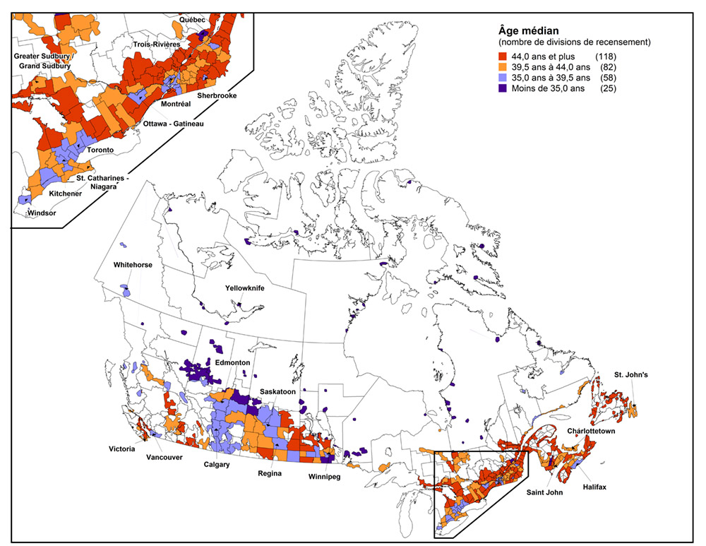 Figure 2 Âge médian au 1er juillet 2010 selon la division de recensement (DR), Canada