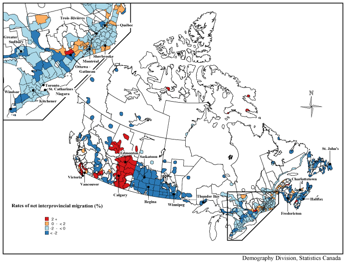 Map 3Net interprovincial migration rates between July&nbsp;1,&nbsp;2005&nbsp;and
June&nbsp;30,&nbsp;2006&nbsp;by census division (CD), Canada