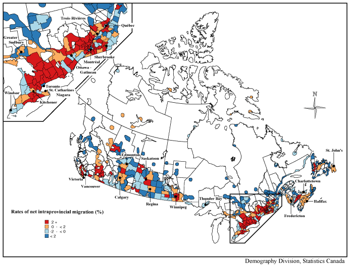 Map 4Net intraprovincial migration rates between July&nbsp;1,&nbsp;2005&nbsp;and
June&nbsp;30,&nbsp;2006&nbsp;by census division (CD), Canada