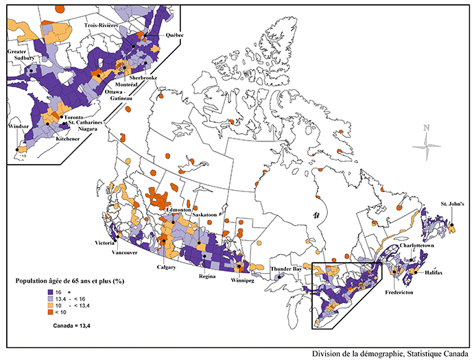 Proportion de la population âgée de 65 ans et plus au 1er juillet 2006 selon la division de recensement (DR), Canada