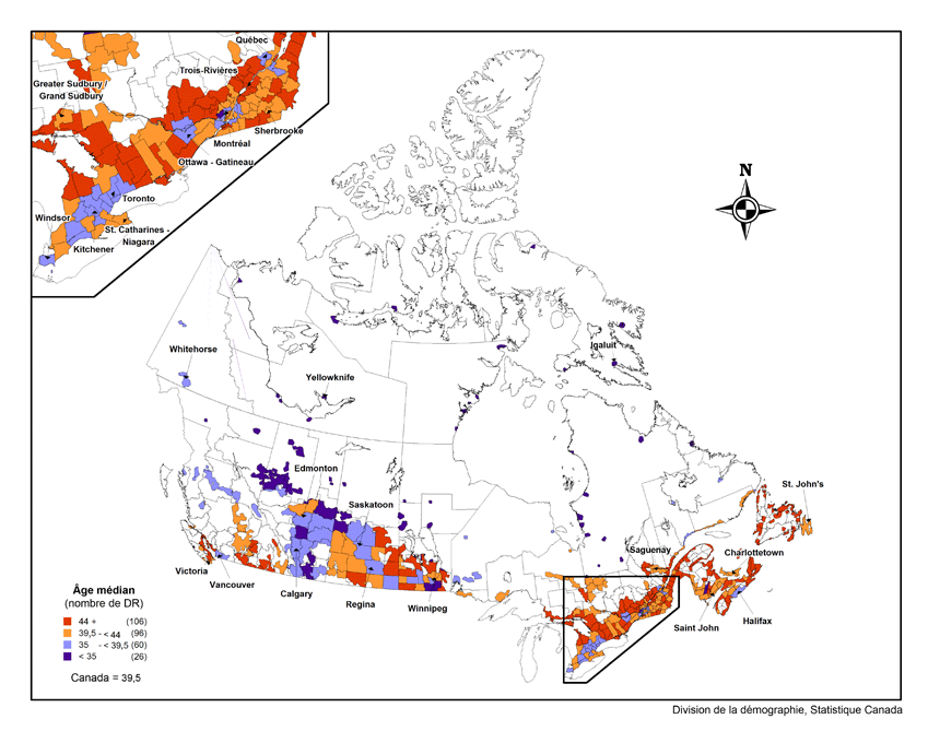 Âge médian au 1er juillet 2009 selon la division de recensement (DR), Canada