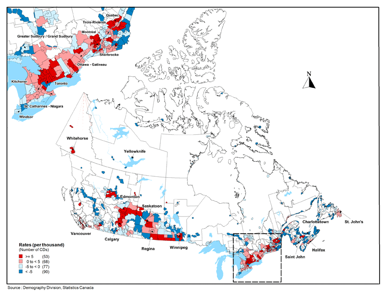 Net internal migration rates between July&nbsp;1,&nbsp;2011&nbsp;and June&nbsp;30,&nbsp;2012&nbsp;by census division (CD), Canada